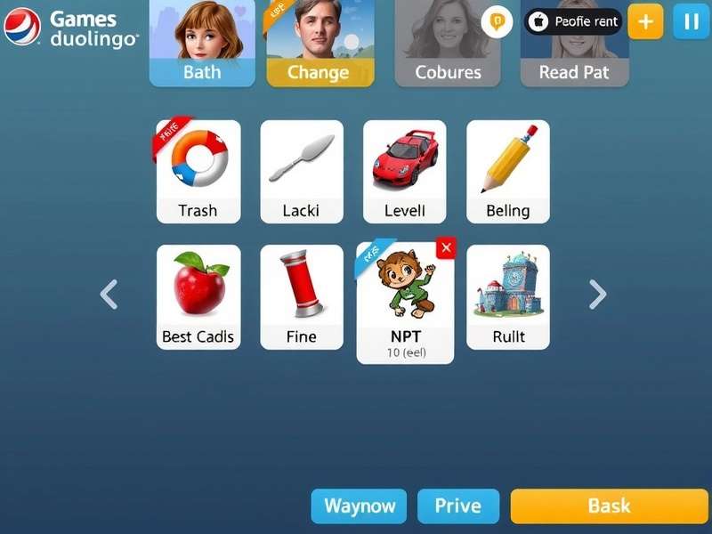 Duolingo Game Hub interface showing various items and gameplay elements