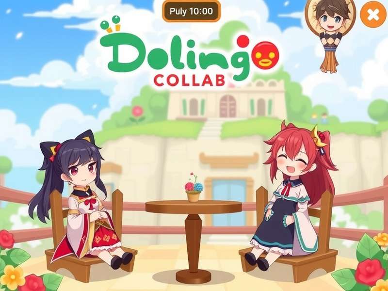 Duolingo Owl character meeting Paimon from Genshin Impact in a colorful fantasy landscape