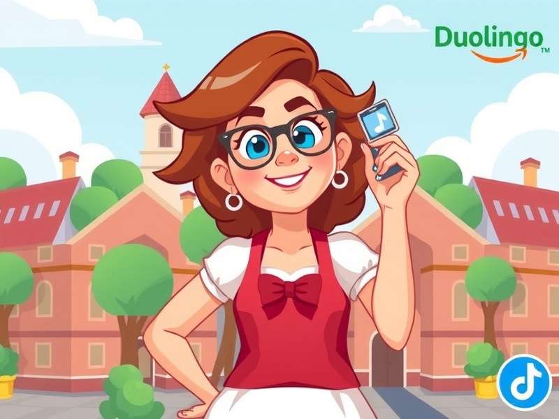 Illustration of Duolingo's iconic ad character, the Duolingo Game Ads Lady, in a playful setting