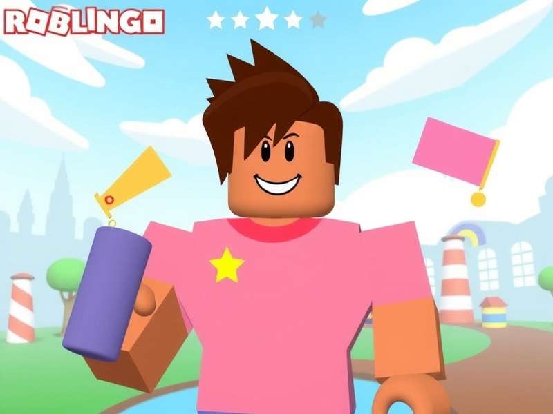 Screenshot of the Duolingo Game Hub on Roblox showing players collaborating on a language puzzle in a vibrant virtual plaza