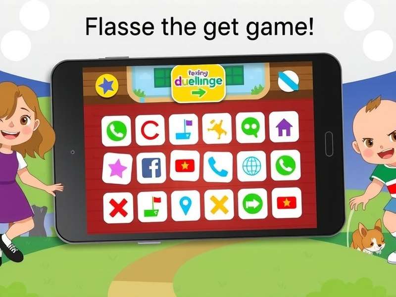Two happy kids using Duolingo Game on a tablet, learning languages together