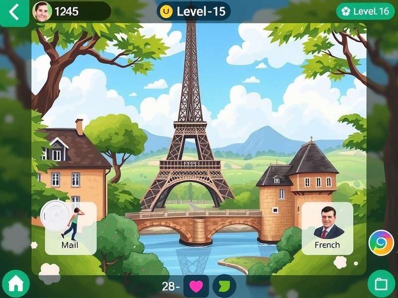Duolingo French Level 15 gameplay overview showing intermediate lessons, grammar challenges, and vocabulary building