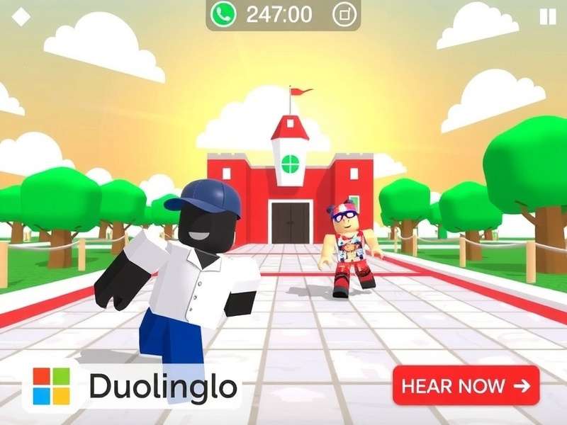 Duolingo Game Roblox banner showing language learning inside Roblox world with Duolingo characters