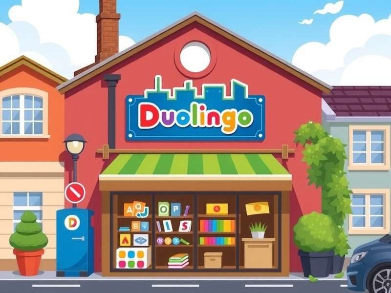 Duolingo Store showcase with owl mascot, language books, and gaming accessories on a wooden desk