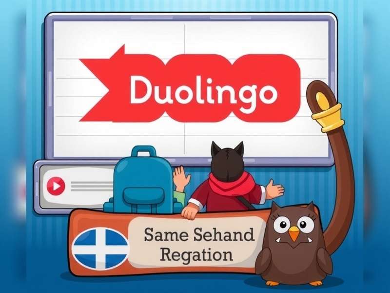 Duolingo game ads network banner showing a person using a language app with playful graphics