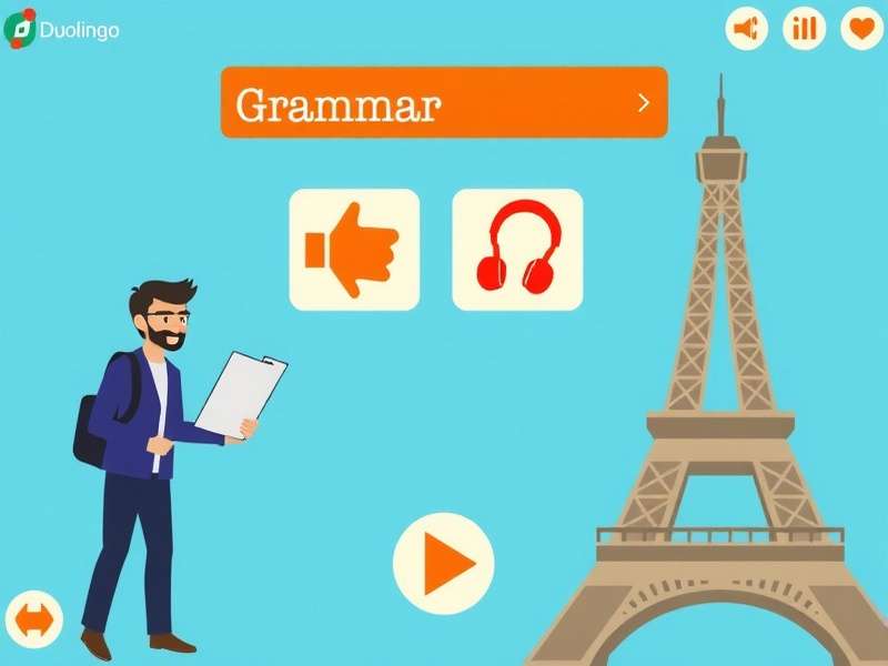 Duolingo French Grammar gameplay screenshot showing interactive lesson with French verbs and grammar tips